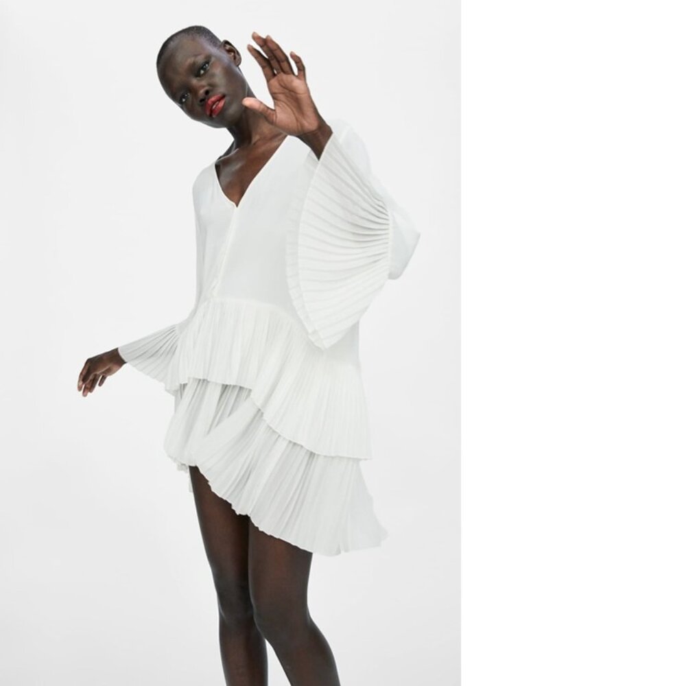 Zara White Pleated Tiered Tunic Mini Dress, NWT, XS